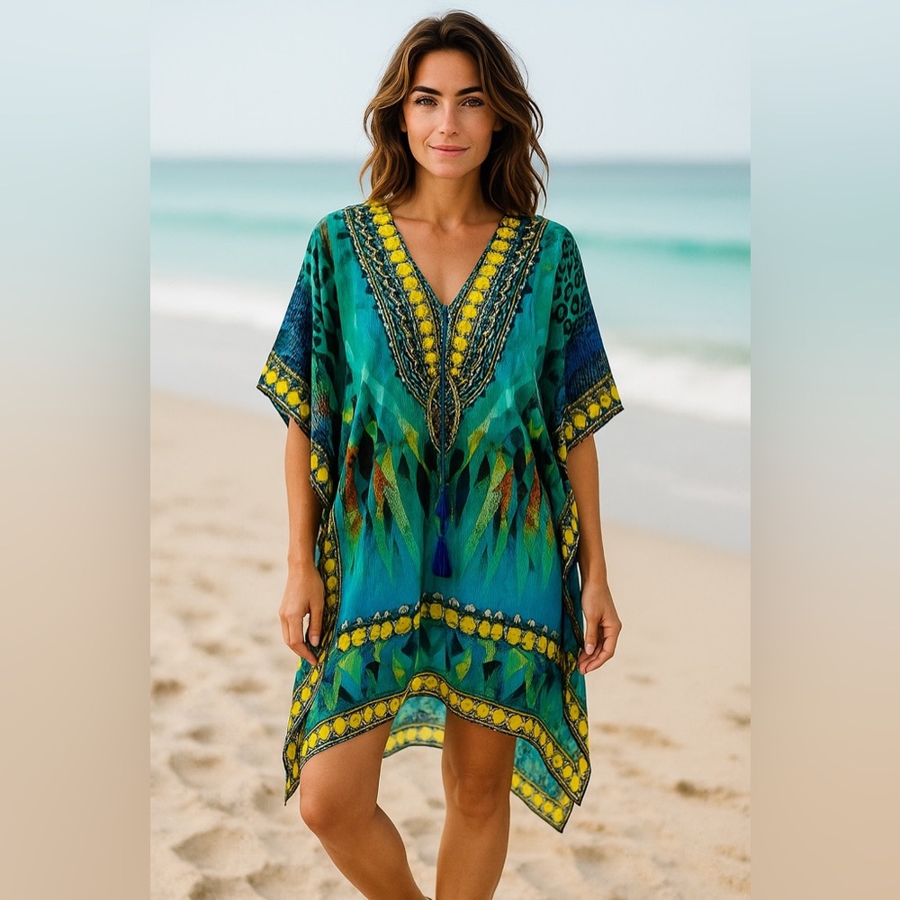 Ranee’s Blue and Green Geometric Swim Coverup with V-Neckline